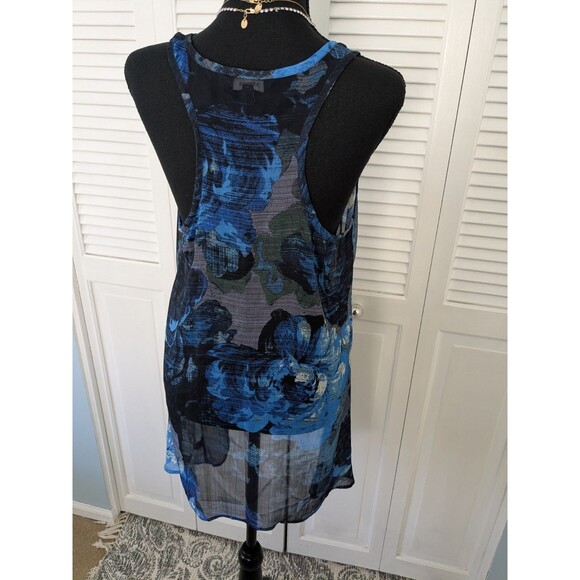 Express Top Womens L Blue Floral Watercolor Sheer Racerback Blouse Tank Coverup - Picture 7 of 12